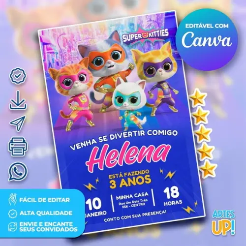 Convite de Aniversário Supergatinhos