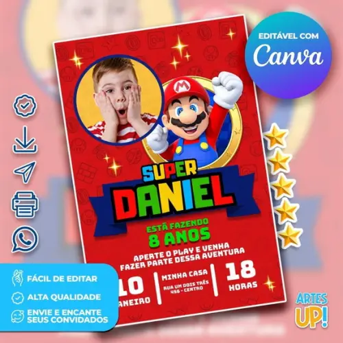 Convite de Aniversário Super Mario com Foto
