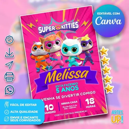 Convite de Aniversário Supergatinhos