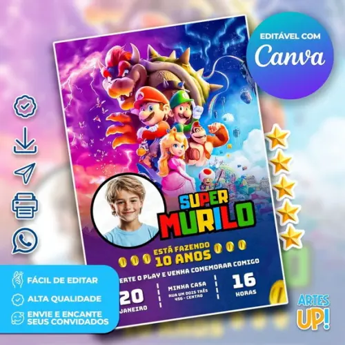 Convite de Aniversário Super Mario com Foto