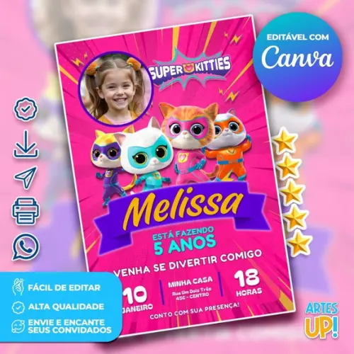 Convite de Aniversário Supergatinhos com Foto