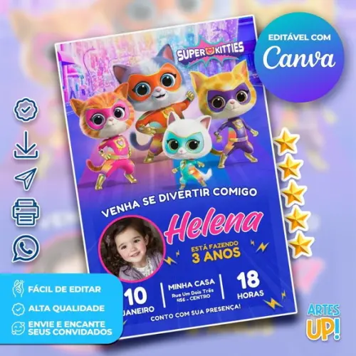Convite de Aniversário Supergatinhos com Foto