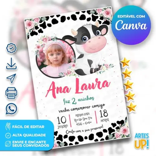 Convite de Aniversário Vaquinha Floral com Foto