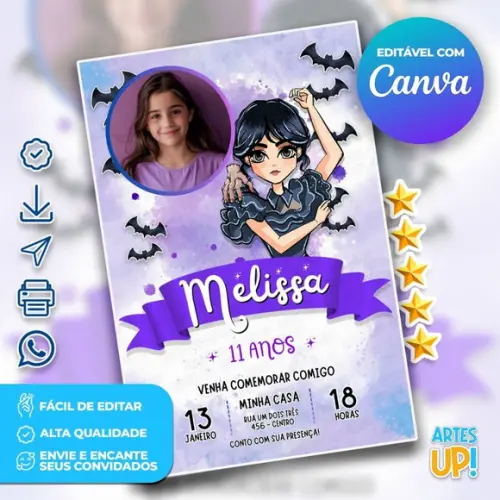 Convite de Aniversário Wandinha Aquarela com Foto