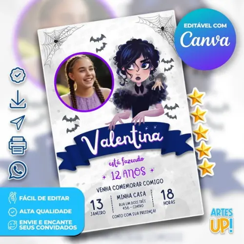Convite de Aniversário Wandinha Aquarela com Foto
