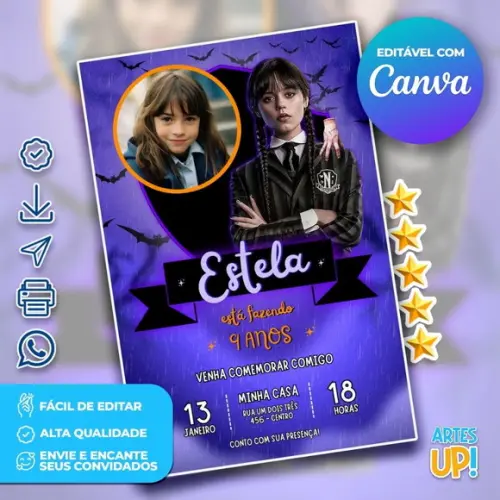 Convite de Aniversário Wandinha com Foto