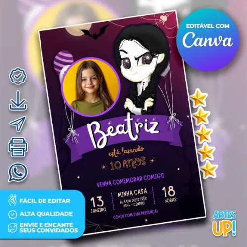 Convite de Aniversário Wandinha com Foto