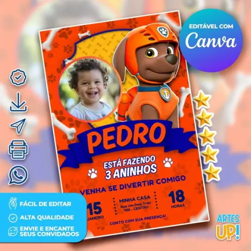 Convite de Aniversário Zuma Patrulha Canina com Foto