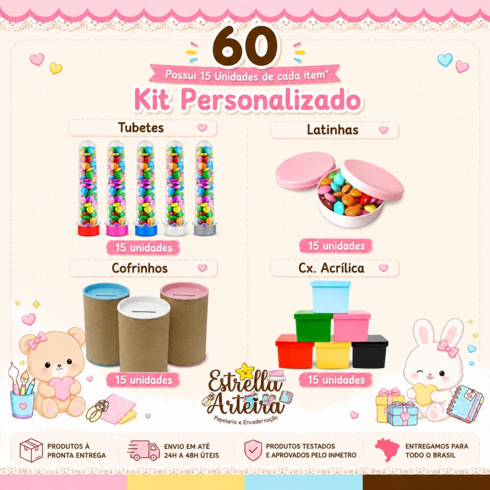 Kit Festa 60 ITENS - 15 Caixinhas + 15 Latinhas + 15 Cofrinhos +