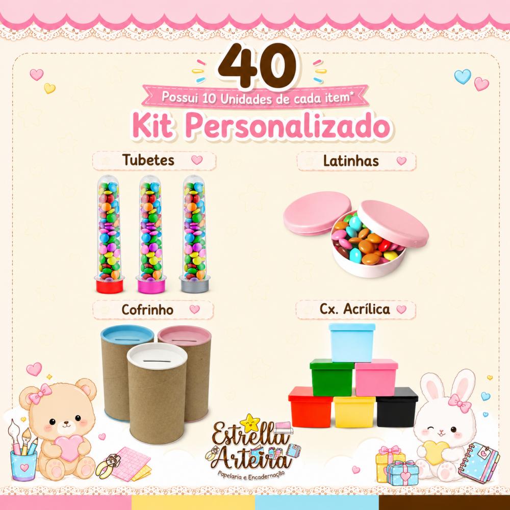 Kit Festa 40 ITENS - 10 Caixinhas + 10 Latinhas + 40 Cofrinhos + 