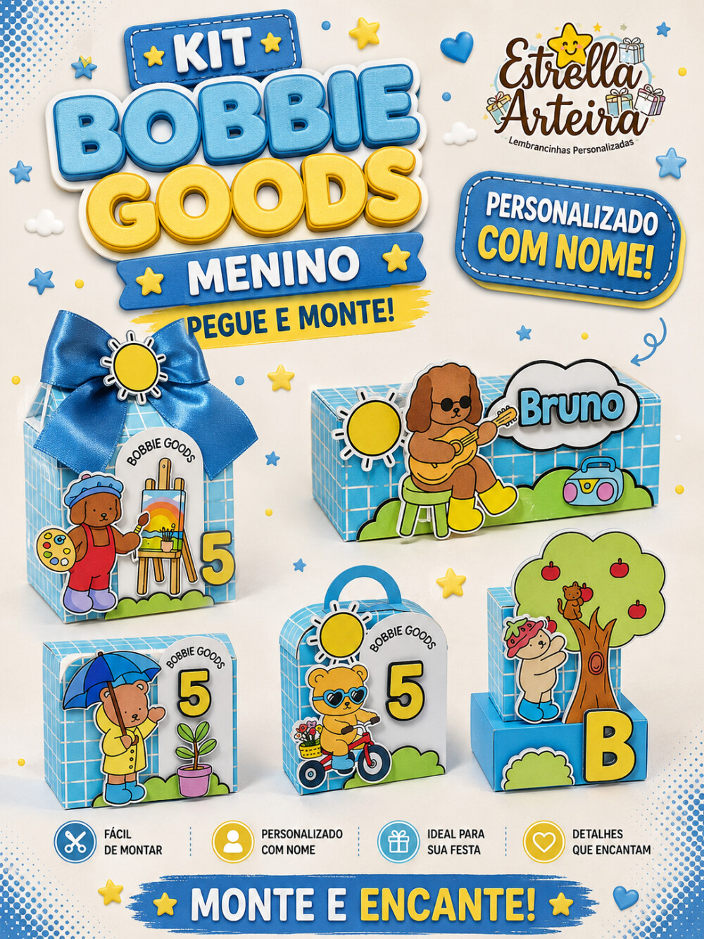 30 Caixinhas PEGUE E MONTE  - Tema Bobbie Goods menino
