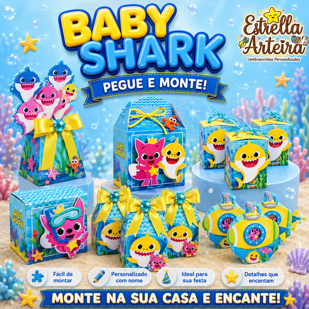 30 Caixinhas PEGUE E MONTE - Tema BABY SHARK