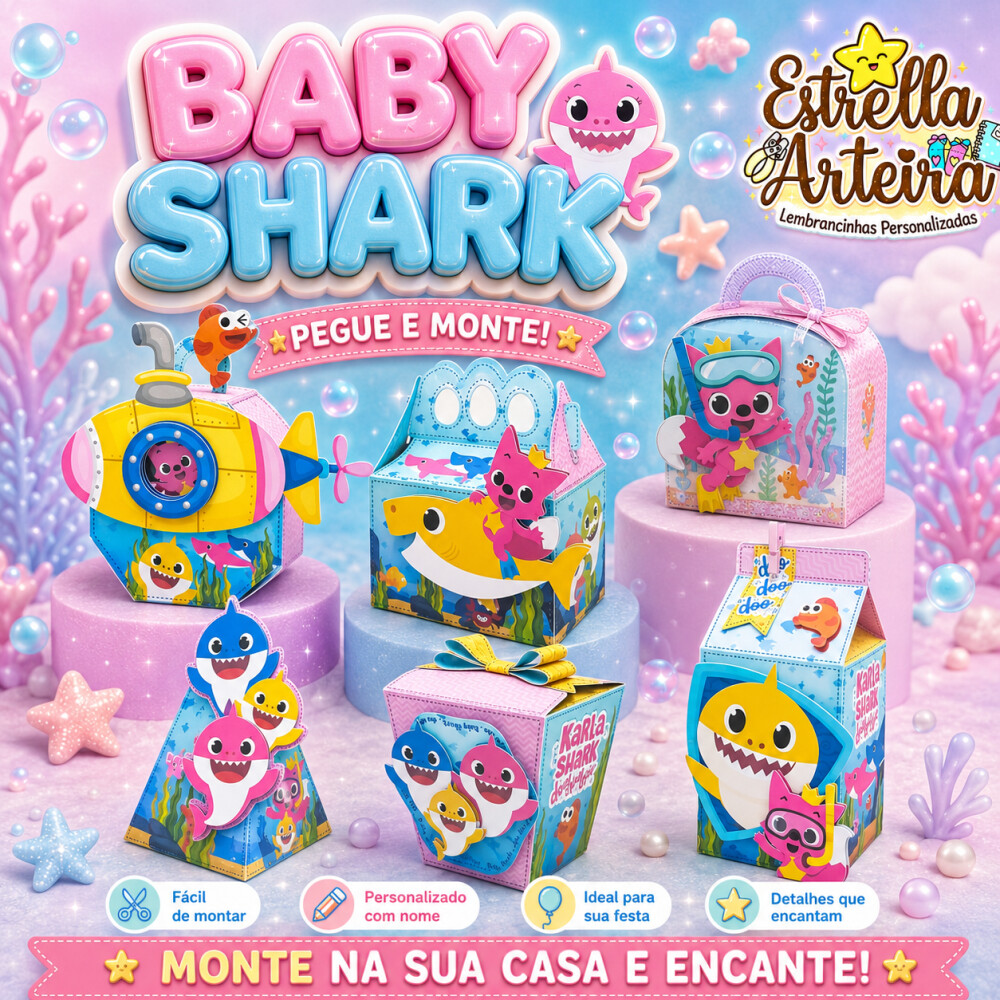 30 Caixinhas PEGUE E MONTE - Tema BABY SHARK