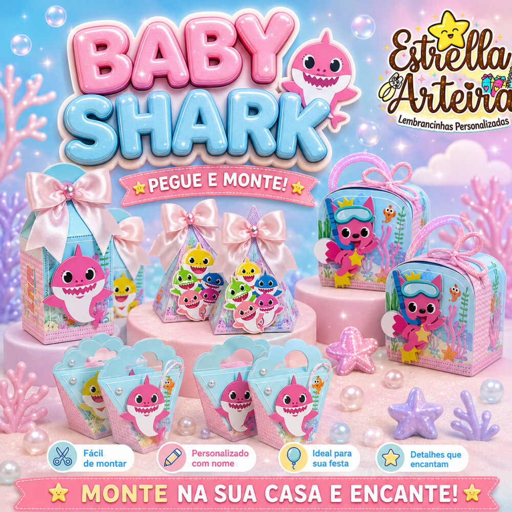 30 Caixinhas PEGUE E MONTE - Tema BABY SHARK