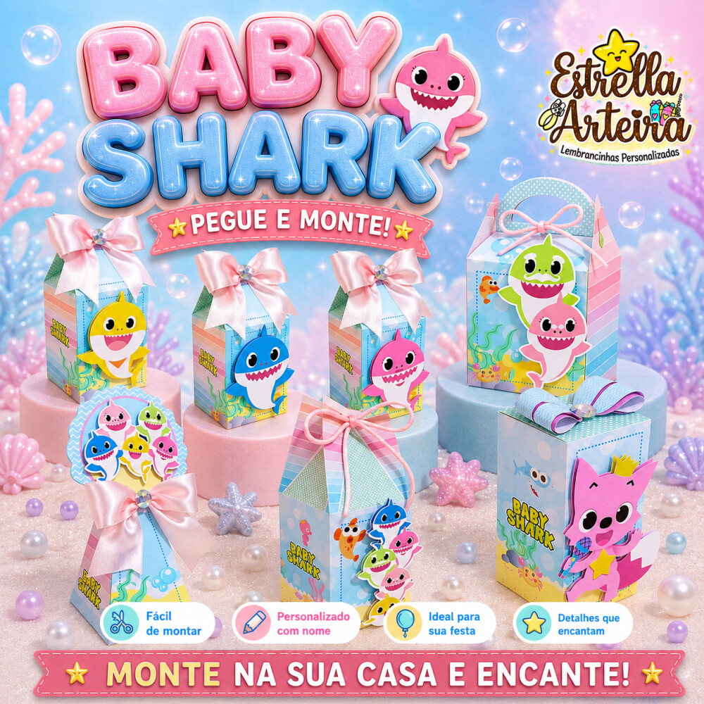 30 Caixinhas PEGUE E MONTE - Tema BABY SHARK