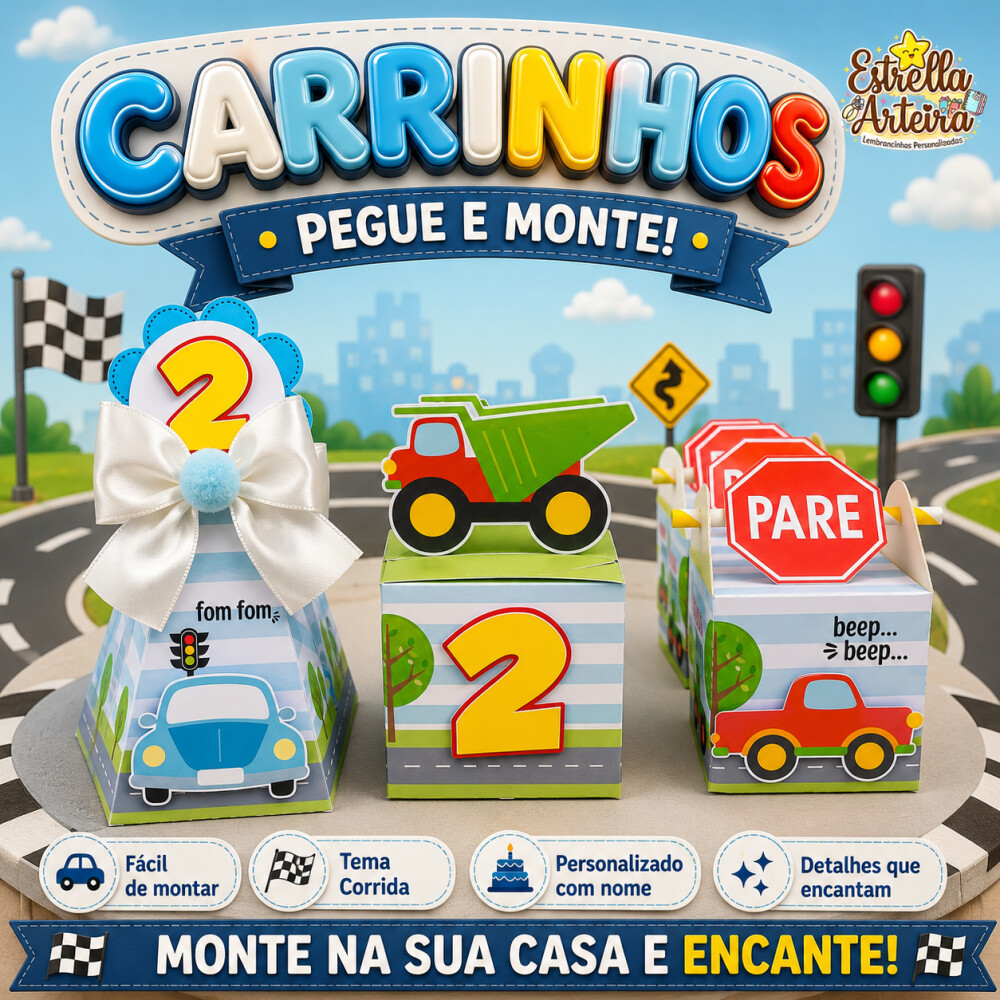 30 Caixinhas PEGUE E MONTE - Tema Carrinhos