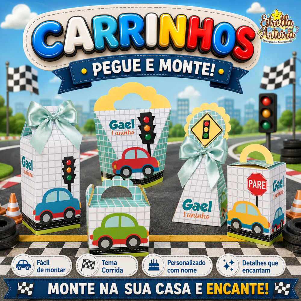 30 Caixinhas PEGUE E MONTE - Tema Carrinhos