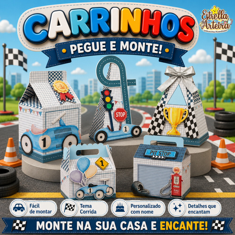 30 Caixinhas PEGUE E MONTE - Tema Carrinhos