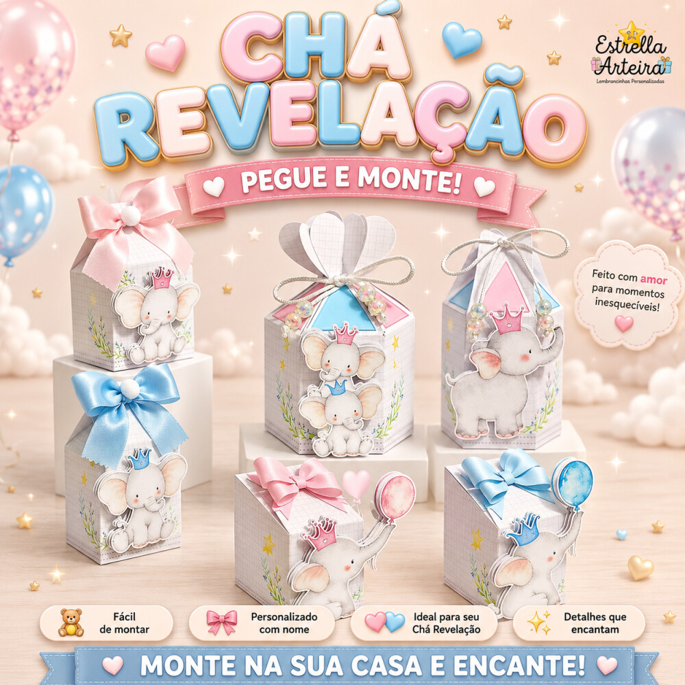 30 Caixinhas PEGUE E MONTE - Tema Chá Revelação
