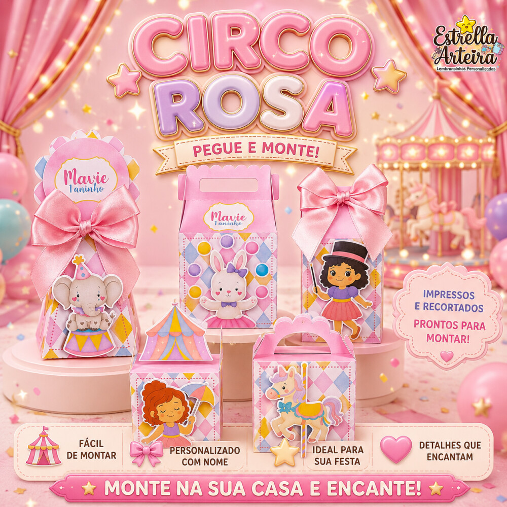 30 Caixinhas PEGUE E MONTE - Tema Circo Rosa