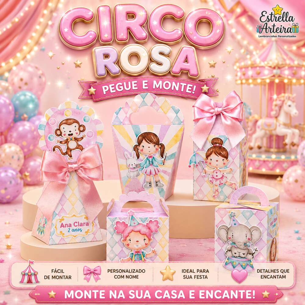30 Caixinhas PEGUE E MONTE - Tema Circo Rosa
