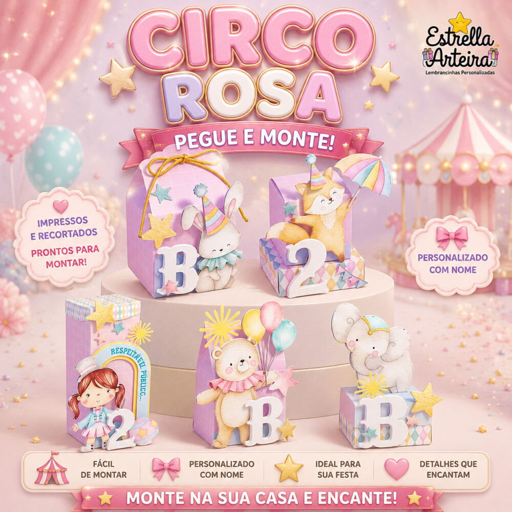 30 Caixinhas PEGUE E MONTE - Tema Circo Rosa