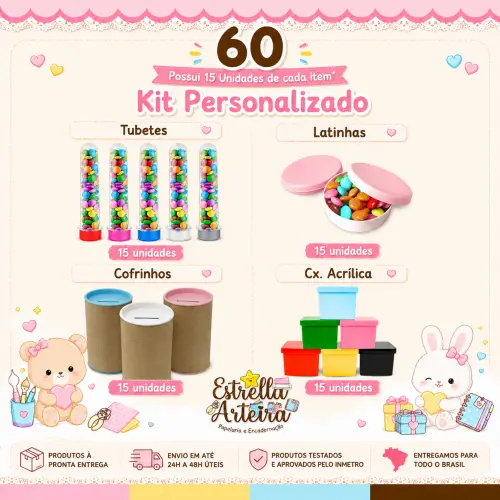 Kit Festa 60 ITENS - 15 Caixinhas + 15 Latinhas + 15 Cofrinhos + 15 Tubetes