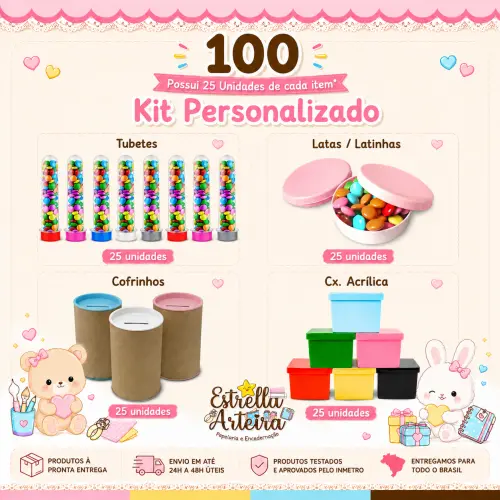 Kit Festa 100 ITENS - 25 Caixinhas + 25 Latinhas + 25 Cofrinhos + 25 Tubetes
