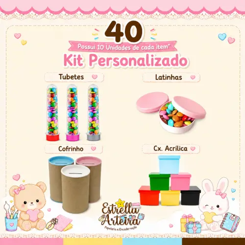 Kit Festa 40 ITENS - 10 Caixinhas + 10 Latinhas + 40 Cofrinhos + 40 Tubetes