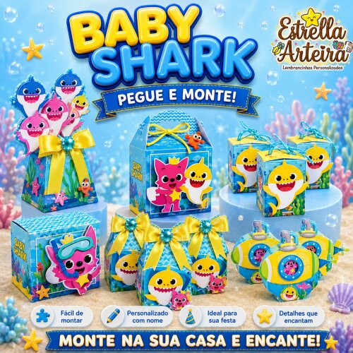 30 Caixinhas PEGUE E MONTE - Tema BABY SHARK