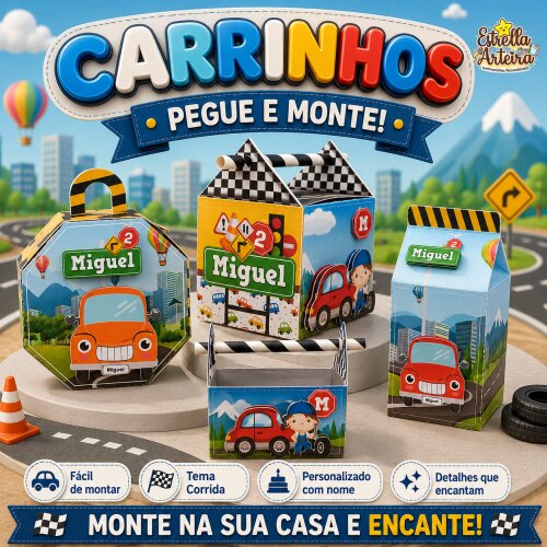 30 Caixinhas PEGUE E MONTE - Tema Carrinhos