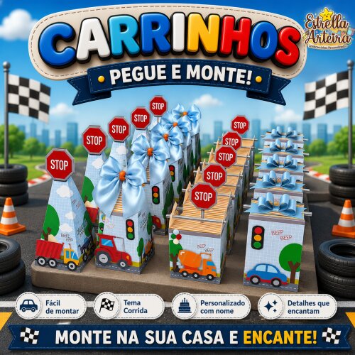 30 Caixinhas PEGUE E MONTE - Tema Carrinhos