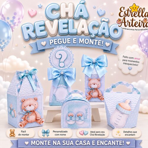 30 Caixinhas PEGUE E MONTE - Tema Chá Revelação
