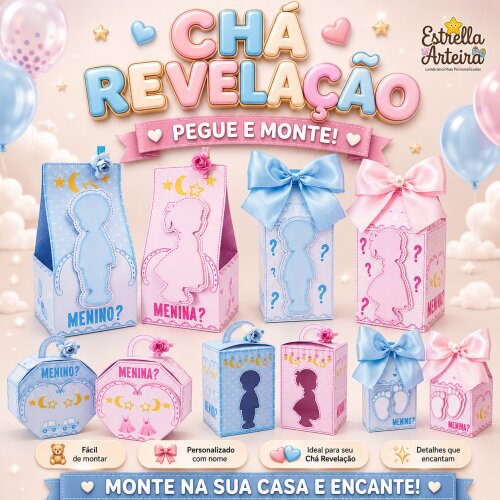 30 Caixinhas PEGUE E MONTE - Tema Chá Revelação