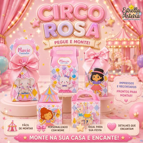 30 Caixinhas PEGUE E MONTE - Tema Circo Rosa