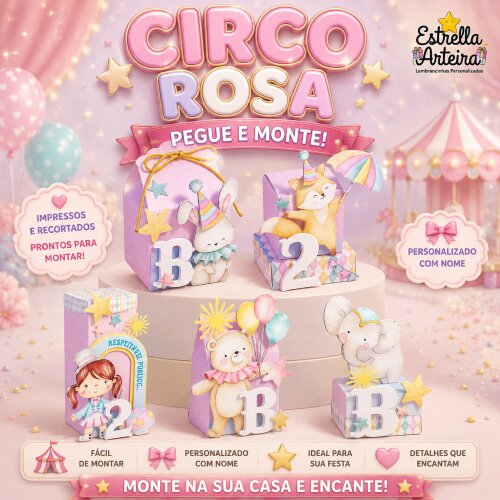 30 Caixinhas PEGUE E MONTE - Tema Circo Rosa