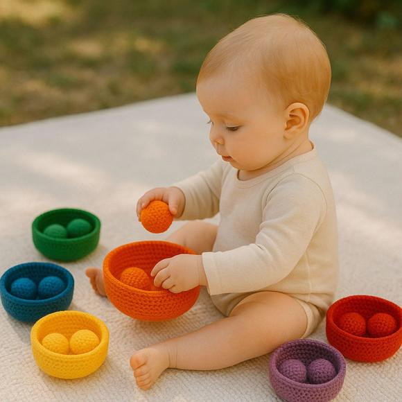 Kit Montessori Sensorial em Crochê 6 Cestos + 12 Bolinhas