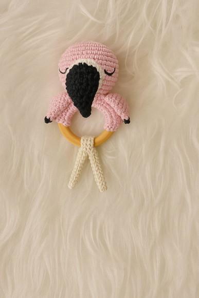 Mordedor Flamingo em Crochê com Argola Natural ? Bebê Seguro
