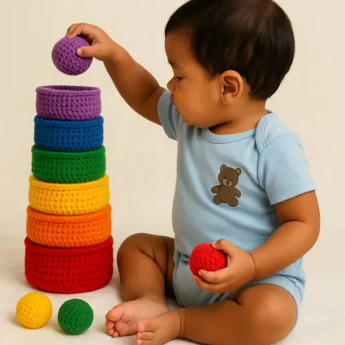 Kit Montessori Sensorial em Crochê 6 Cestos + 12 Bolinhas