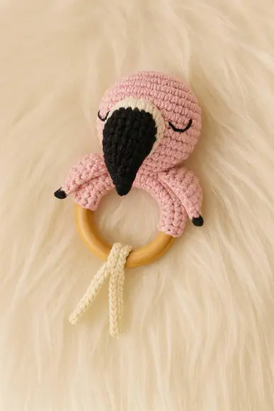 Mordedor Flamingo em Crochê com Argola Natural ? Bebê Seguro