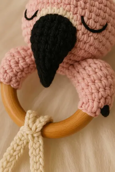 Mordedor Flamingo em Crochê com Argola Natural ? Bebê Seguro