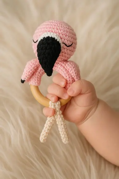 Mordedor Flamingo em Crochê com Argola Natural ? Bebê Seguro