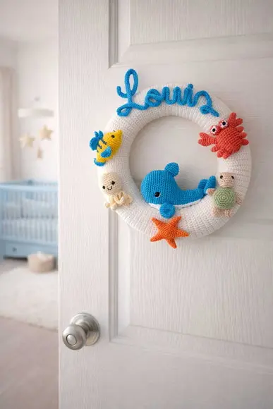 Porta Maternidade de Crochê - Tema Fundo do Mar Personalizad