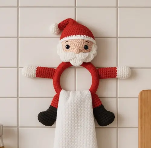 Porta Pano de Prato de Crochê - Papai Noel