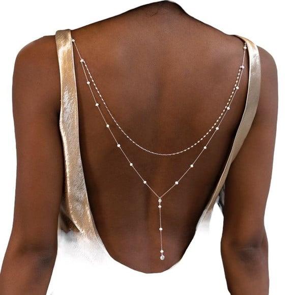 Colar Alça de Vestido Prateado Pérolas Duplo