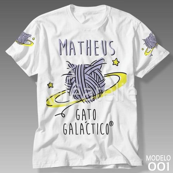 Camiseta Gato Galáctico Infantil Adulto Personalizada Nome