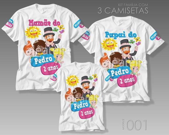 Kit Família 3 Camisetas Mundo Bita e Animais Personalizadas