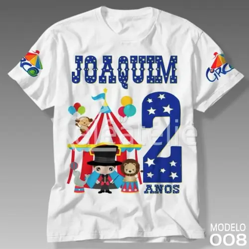 Camiseta Circo Infantil Mágico Leão Macaco Foca Balões Festa