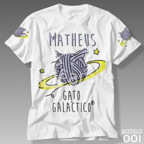Camiseta Gato Galáctico Infantil Adulto Personalizada Nome