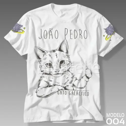 Camiseta Gato Galáctico Infantil Adulto Personalizada Nome
